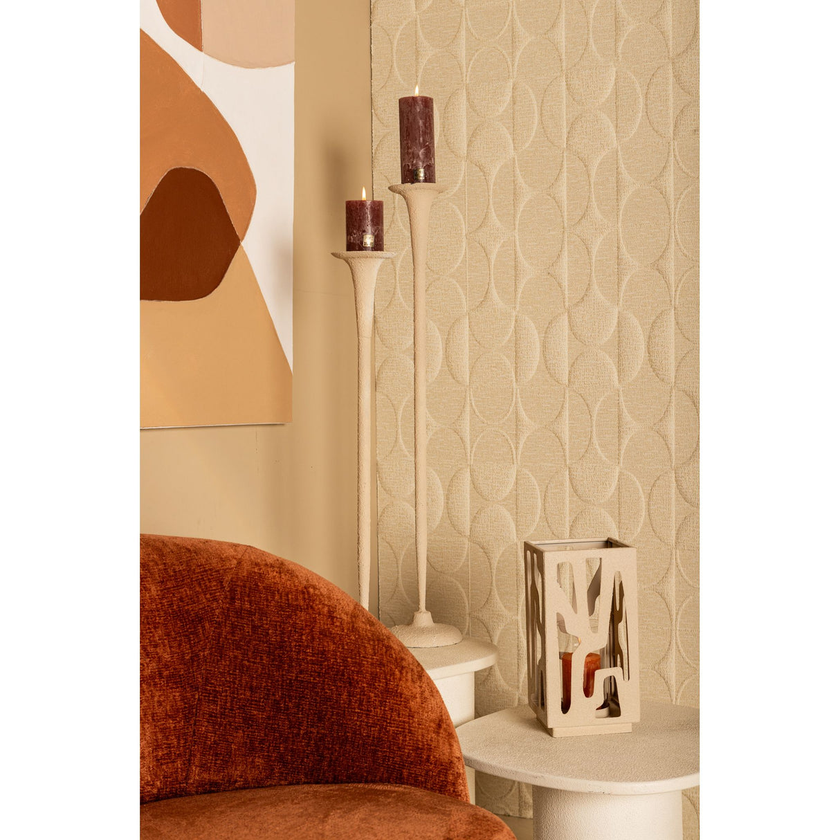 Candlestick - Round Iron Design, Rough Surface, Cream Tone, L - Krish | PTMD