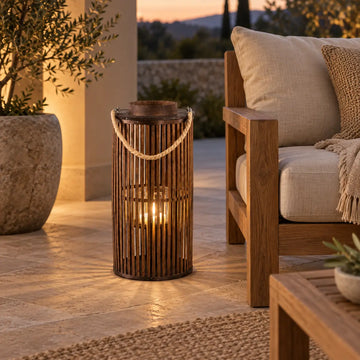 Bamboo lantern with glass insert, woven structure & round shape S – Zafria | PTMD