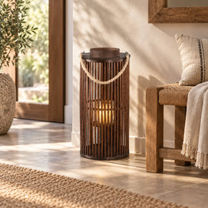 Laterne – Brauner Bambus, Runde Form, Glasdetails, S - Zafria | PTMD