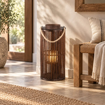 Bamboo lantern with glass insert, woven structure & round shape S – Zafria | PTMD