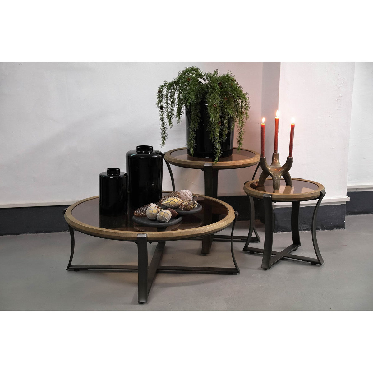 Coffee Table – Fir wood, glass top, iron frame, curved frame, natural, semi-handmade, L – Cami | PTMD