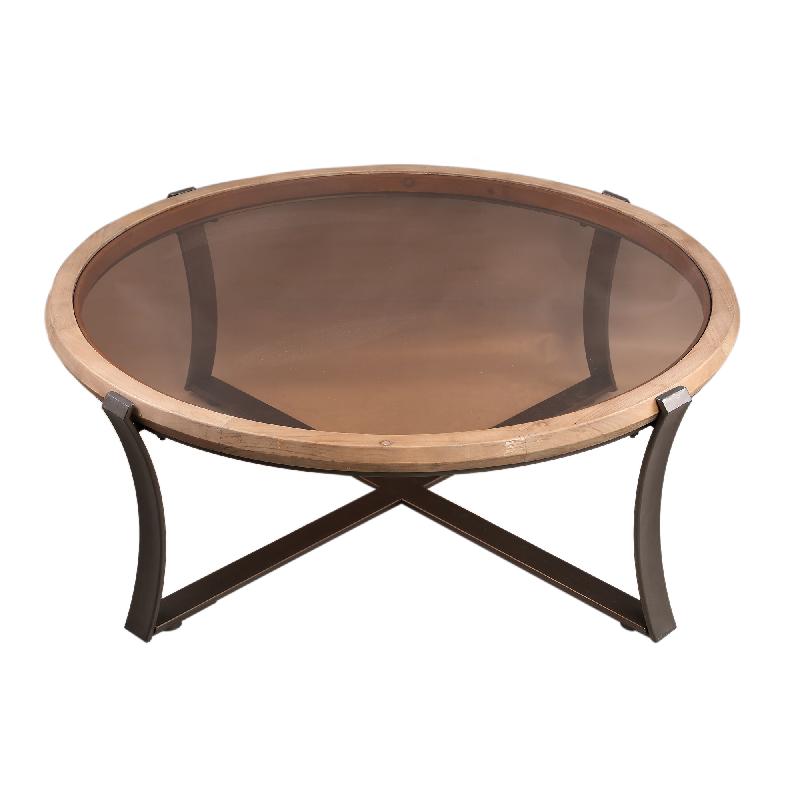 Coffee Table – Fir wood, glass top, iron frame, curved frame, natural, semi-handmade, L – Cami | PTMD