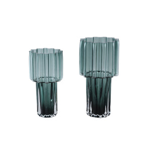 Vase - Green Glass, Ribbed Surface, Wide Opening, L - Maayan | PTMD