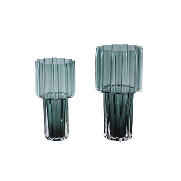 Vase - Green Glass, Ribbed Surface, Wide Opening, L - Maayan | PTMD