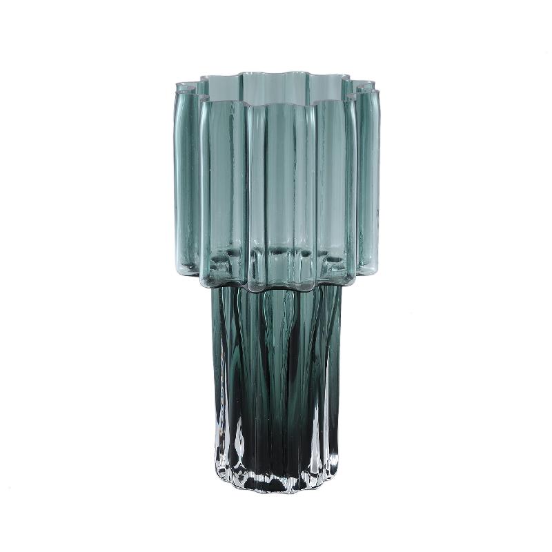 Vase - Green Glass, Ribbed Surface, Wide Opening, L - Maayan | PTMD