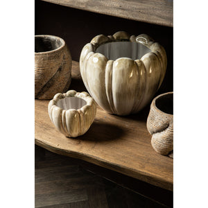 Blumentopf – Taupe Farbe, Wirbel Design, Zement Material, Niedrige Form, M – Evanthia | PTMD
