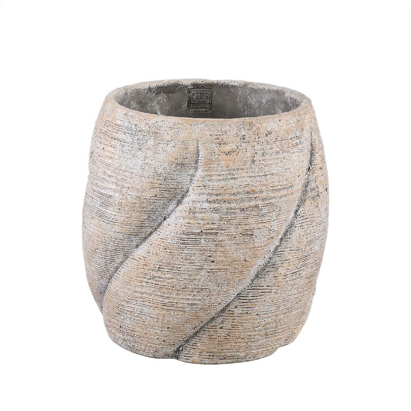 Flowerpot – Taupe Color, Swirl Design, Cement Material, Round Shape, M – Evanthia | PTMD