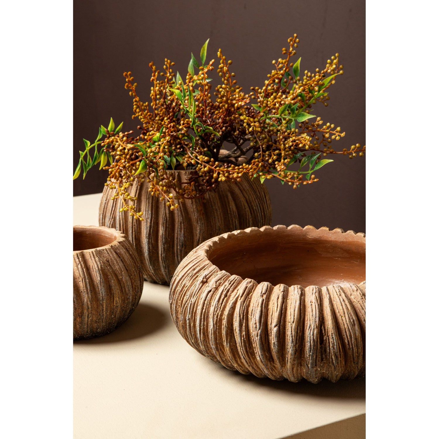 Flowerpot - Low Round Cement, Striped Pattern, Copper Color, M – Revil | PTMD