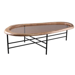 Couchtisch – Rubberwood, Glasplatte, Eisenrahmen, organisch, L – Neelix | PTMD