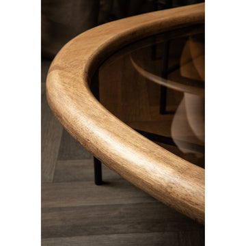 Couchtisch – Rubberwood, Glasplatte, Eisenrahmen, organisch, L – Neelix | PTMD