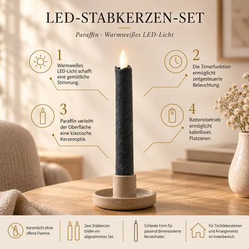 LED-Stabkerzen mit beweglicher Flamme, 15 cm hoch | PTMD