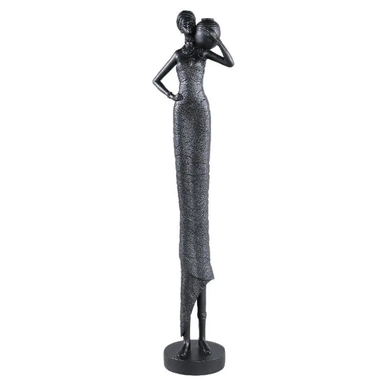 Statue - Polyester, handmade, black, female figure, pot on shoulder - Rafah | PTMD
