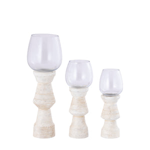 Hurricane Lantern - Mango Wood Design, Handmade Finish, Clear Glass Insert, Cream Shade, S - Qez | PTMD