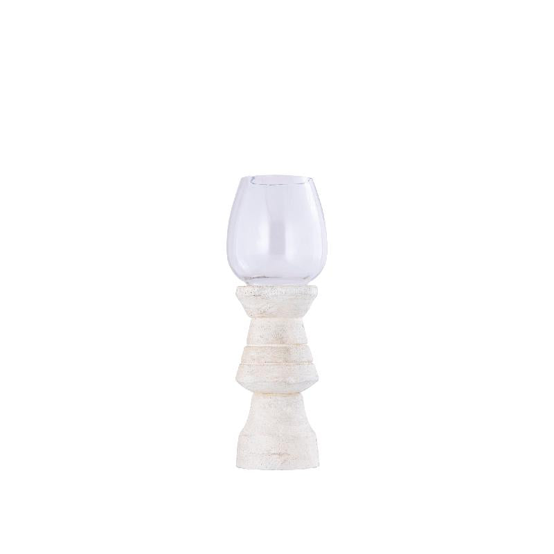 Hurricane Lantern - Mango Wood Design, Handmade Finish, Clear Glass Insert, Cream Shade, S - Qez | PTMD