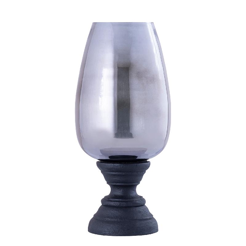 Hurricane Lantern – Mango Wood Design, Handcrafted Finish, Smoked Glass Insert, Black Tone, XL – Qez | PTMD