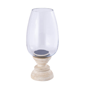 Hurricane Lamp - Mango Wood Design, Handmade Finish, Clear Glass Insert, Cream Color, XL - Qez | PTMD