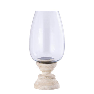 Hurricane Lamp - Mango Wood Design, Handmade Finish, Clear Glass Insert, Cream Color, XL - Qez | PTMD