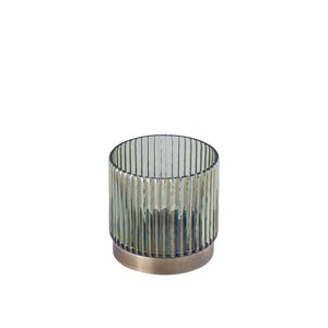 Tealight Holder - Ribbed Glass Design, Green Tint, Gold Base, Round Shape, S - Kyden | PTMD