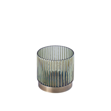 Tealight Holder - Ribbed Glass Design, Green Tint, Gold Base, Round Shape, S - Kyden | PTMD