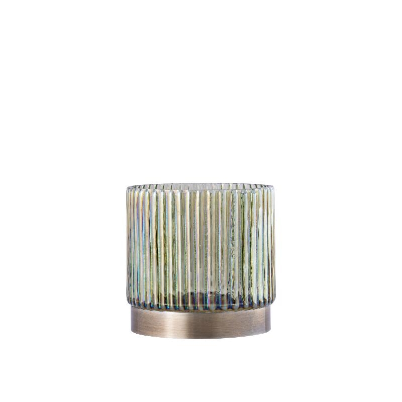 Tealight Holder - Ribbed Glass Design, Green Tint, Gold Base, Round Shape, S - Kyden | PTMD