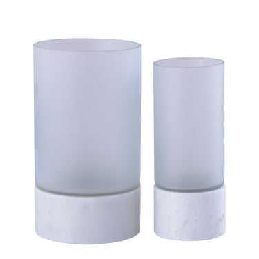 Windlicht – Mattes Glas, Marmor Sockel, Weiße Farbe, L – Conree | PTMD