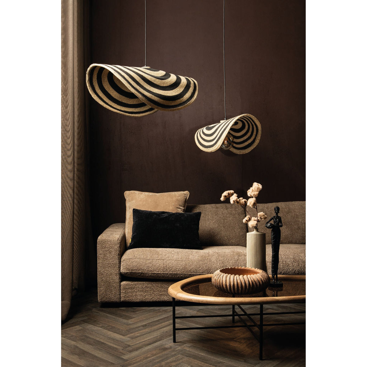 Hanging lamp made of seagrass, natural look, wavy design, semi-handmade, L - Loulou | PTMD