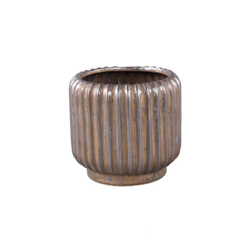 Pot - Ceramic Stoneware, Line Design, Bronze, S - Eevie | PTMD
