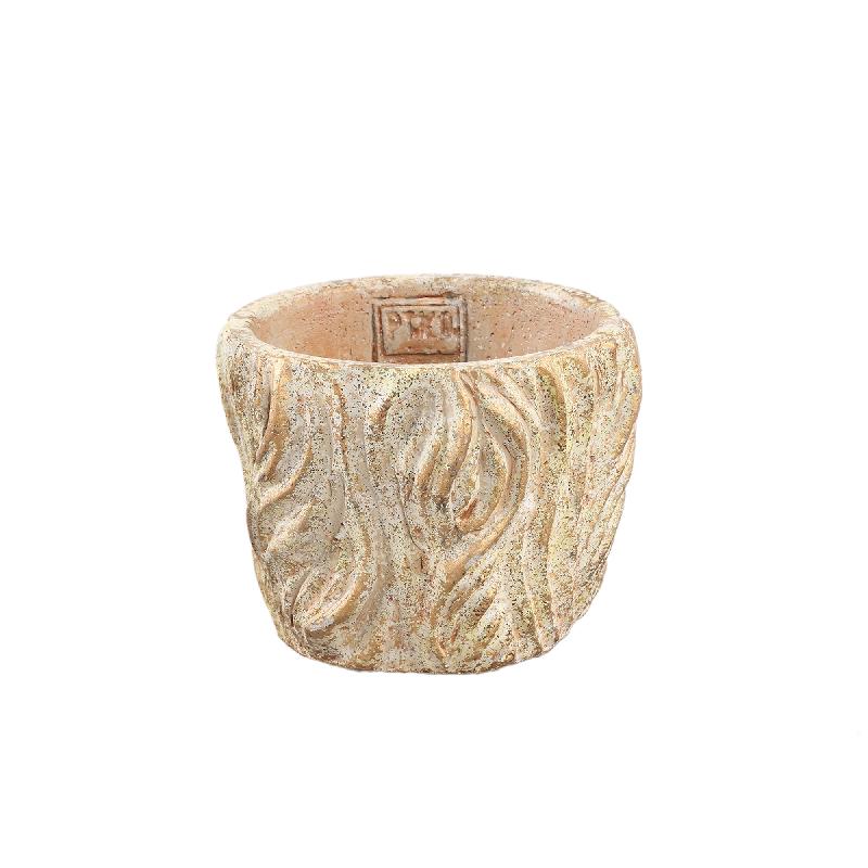 Blumentopf - Runder Zement, Wellenlinien, Creme, Niedrig, S – Alexio | PTMD