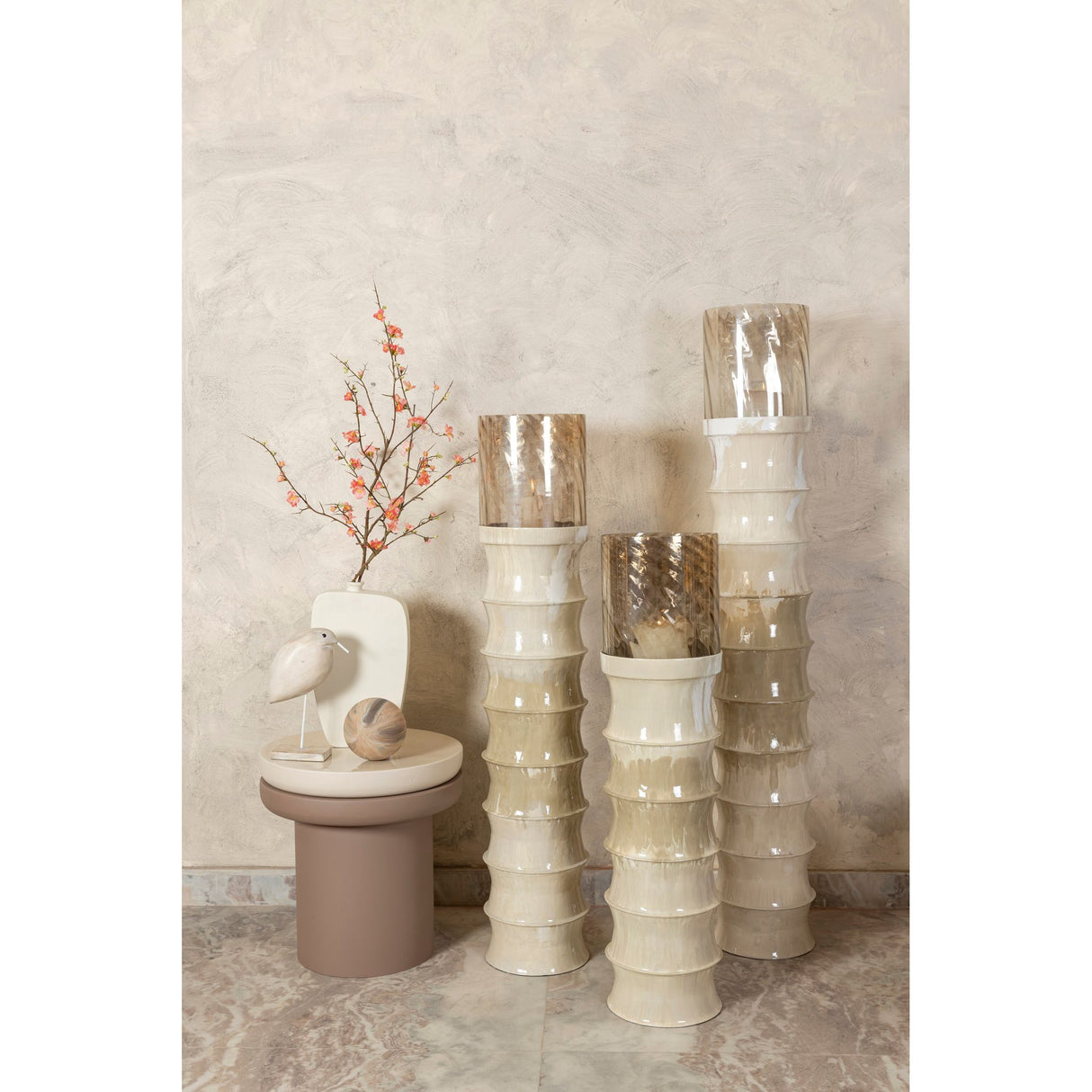 Floor lantern – Ribbed structure, Enamel surface, Cream-colored finish, M – Kaylyne | PTMD
