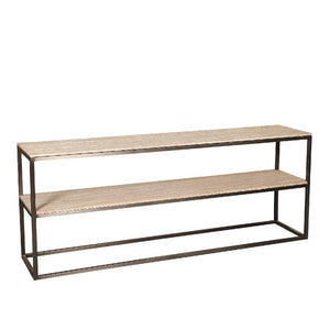 Side Table – Travertine/Marble Stone, Iron Frame, 2 Tiers, Black – Zoah | PTMD