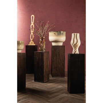Mango Wood Pillar with Wavy Carving, Handcrafted, Brown Finish – Riko | PTMD
