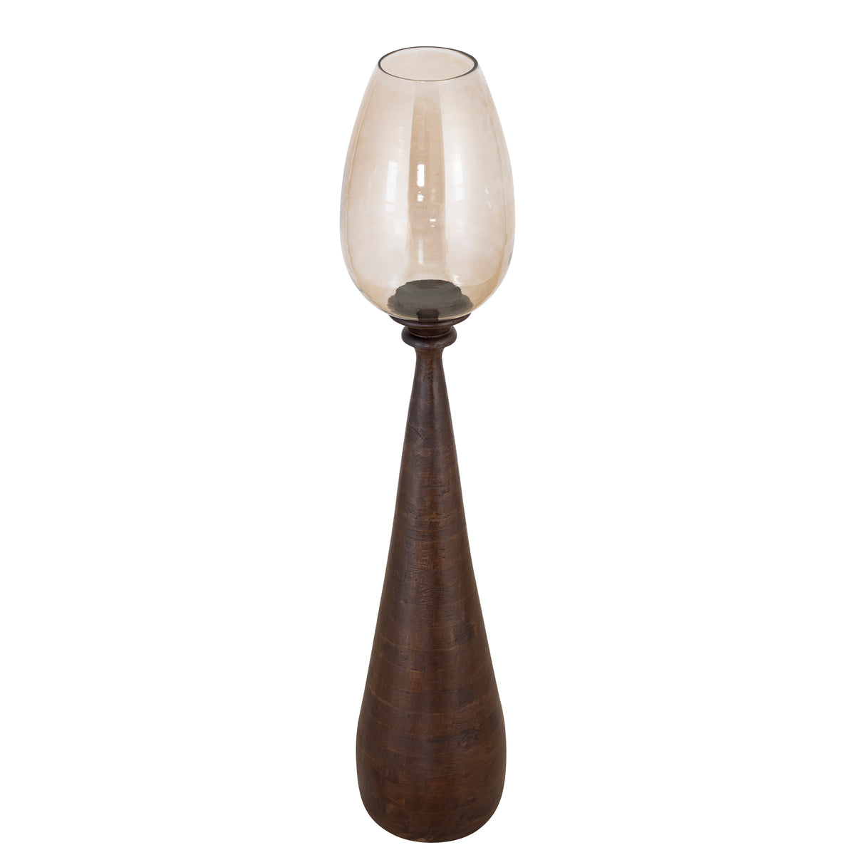 Hurricane Lamp – Brown Mango Wood Base, Hurricane Glass Insert, Hand-crafted Finish, L – Midi | PTMD