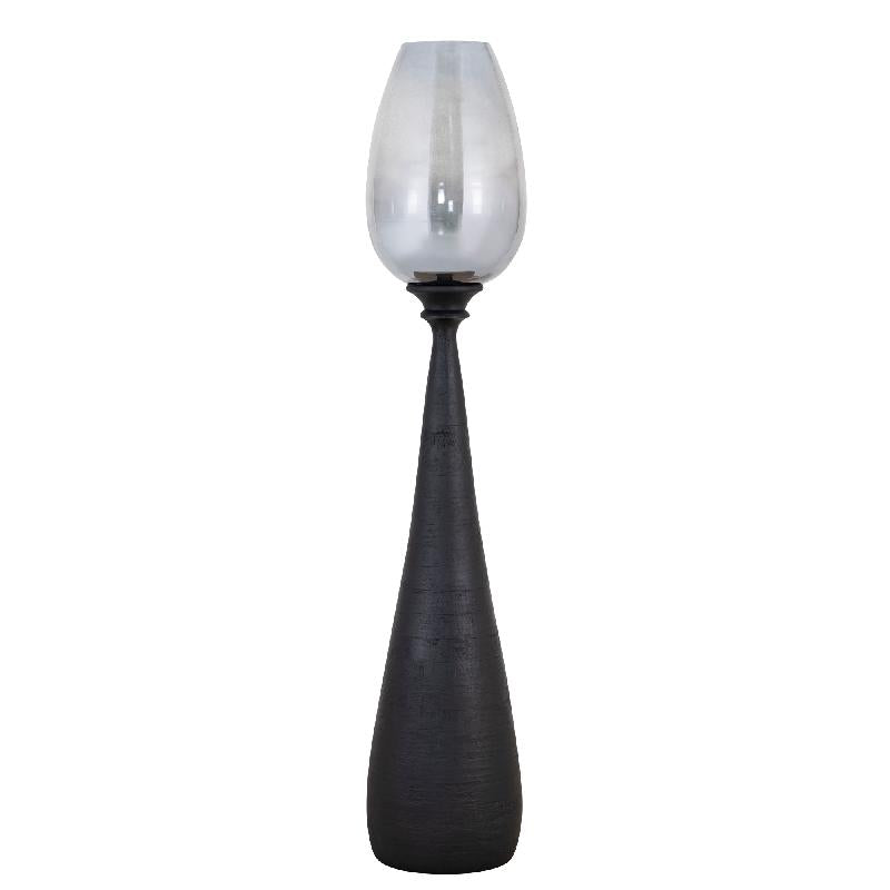 Hurricane Lamp – Black Mango Wood Base, Smoked Glass Insert, Handcrafted Finish, L – Midi | PTMD