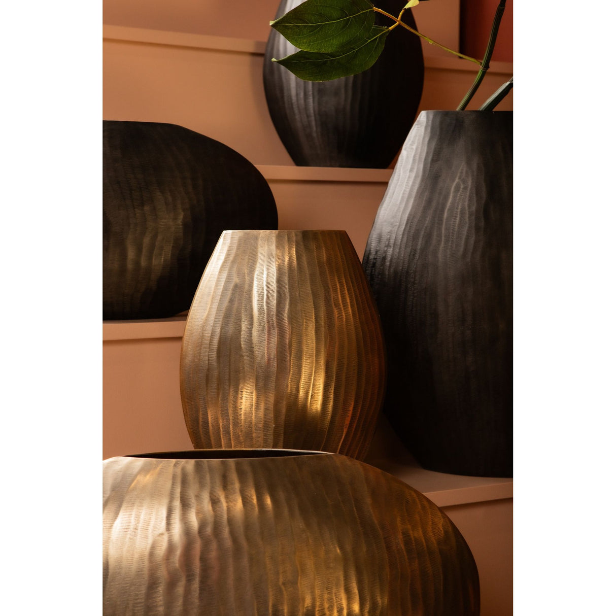 Pot - aluminum sheet, ribbed, oval, low, handmade, antique gold, L – Jowad | PTMD