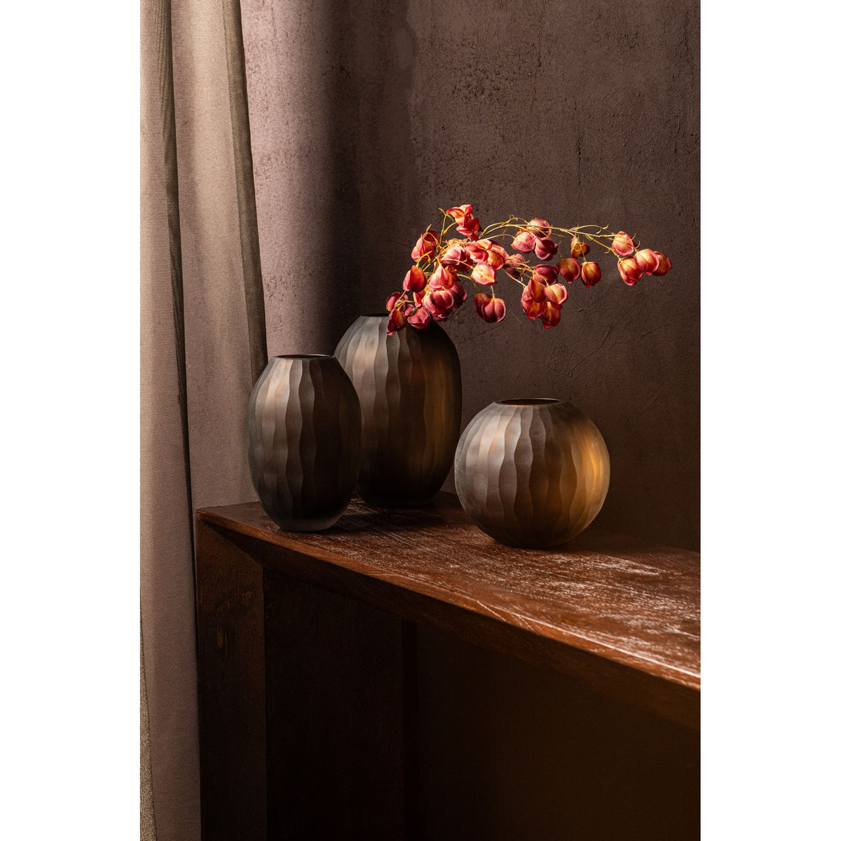 Vase - Solid Glass, Wave Pattern Structure, Brown Color S - Mishan | PTMD