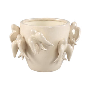 Pot – Bird Motif Design, Round Shape, White Color, Ceramic Material, S – EmmeLyn | PTMD