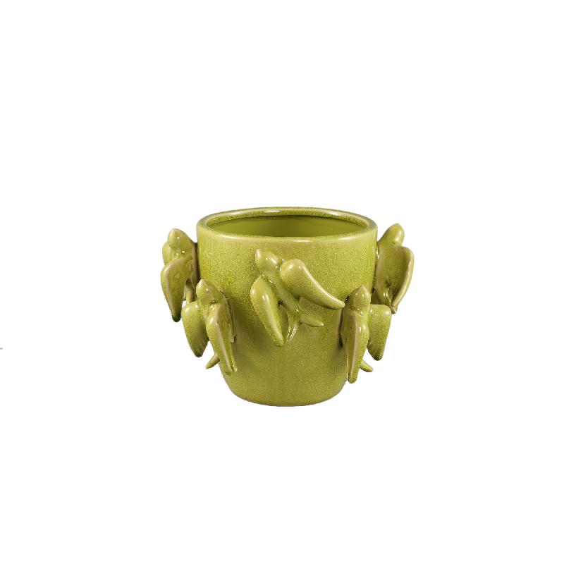 Pot – Green Color, Round Shape, Glazed Surface, Bird Motif, Ceramic, S – Emmelyn | PTMD