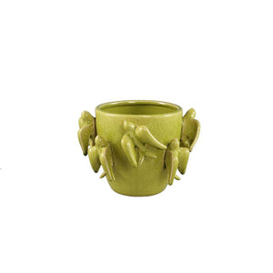 Pot – Green Color, Round Shape, Glazed Surface, Bird Motif, Ceramic, S – Emmelyn | PTMD