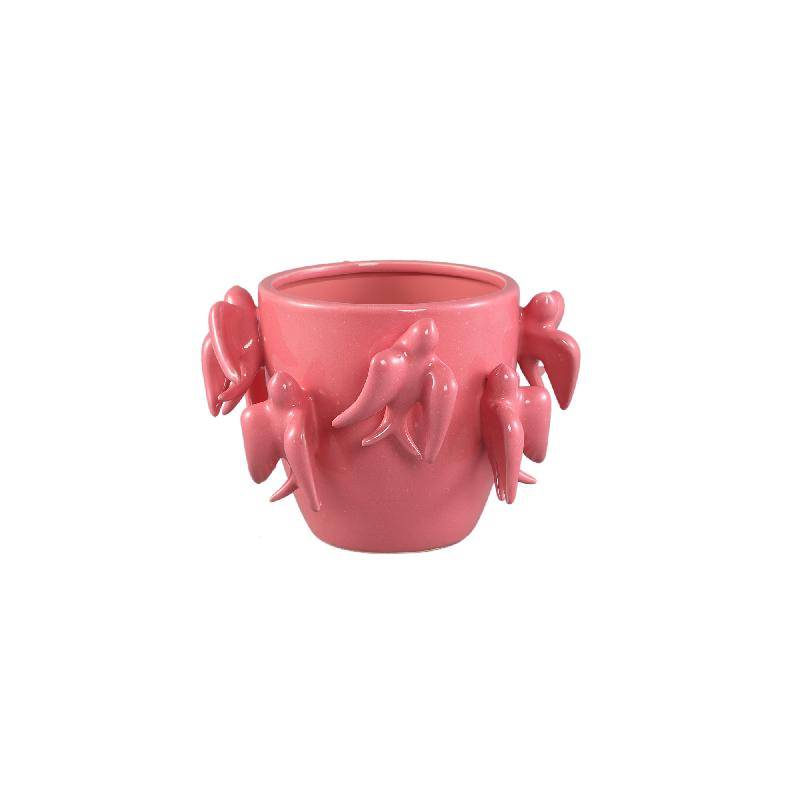 Pot – Bird Motif Design, Round Shape, Pink Color, Ceramic Material, S – EmmeLyn | PTMD
