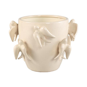 Pot – Bird Motif Design, Round Shape, White Color, Ceramic Material, M – EmmeLyn | PTMD