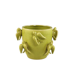Topf – Grüne Farbe, Runde Form, Glasierte Oberfläche, Vogelmotiv, Keramik, M – Emmelyn | PTMD