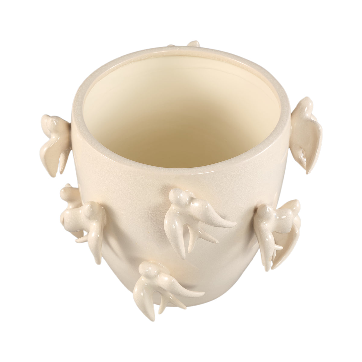 Pot - Bird Motif Design, Round Shape, White Color, Ceramic Material, L - EmmeLyn | PTMD