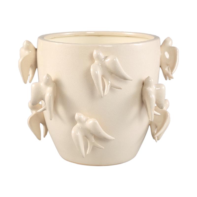 Pot - Bird Motif Design, Round Shape, White Color, Ceramic Material, L - EmmeLyn | PTMD