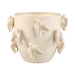 Pot - Bird Motif Design, Round Shape, White Color, Ceramic Material, L - EmmeLyn | PTMD