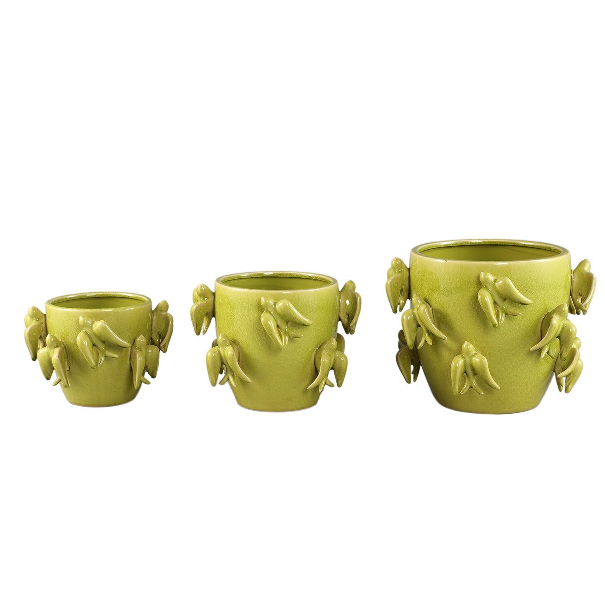 Pot – Bird Motif Design, Round Shape, Green Color, Ceramic Material, L – EmmeLyn | PTMD