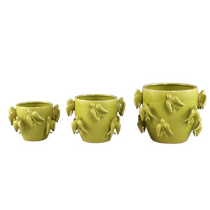 Pot – Bird Motif Design, Round Shape, Green Color, Ceramic Material, L – EmmeLyn | PTMD