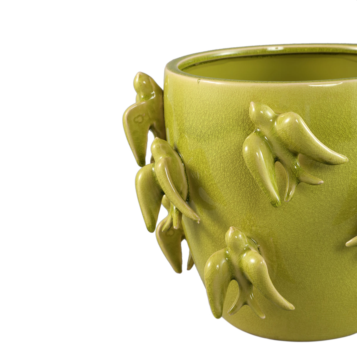 Pot – Bird Motif Design, Round Shape, Green Color, Ceramic Material, L – EmmeLyn | PTMD