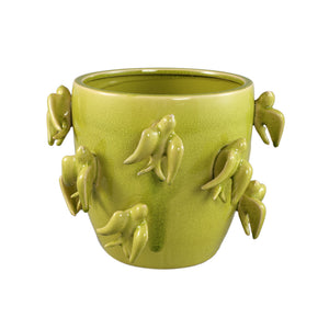 Pot – Bird Motif Design, Round Shape, Green Color, Ceramic Material, L – EmmeLyn | PTMD