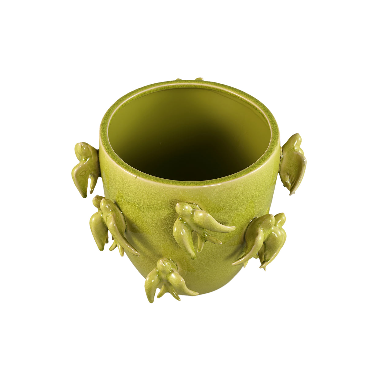 Pot – Bird Motif Design, Round Shape, Green Color, Ceramic Material, L – EmmeLyn | PTMD