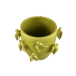 Pot – Bird Motif Design, Round Shape, Green Color, Ceramic Material, L – EmmeLyn | PTMD